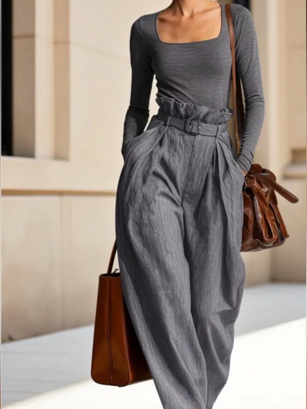 Top with High-Waist Wide-Leg Pants with Belt - Gray - Picture 3 of 3